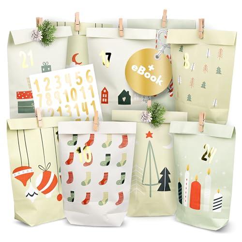 AMARI® Calendario dell'Avvento da riempire Pastell Green - 24 Sacchetti di carta (con chiodi di legno) da realizzare per Natale - Sacchetti di carta con adesivi numerici