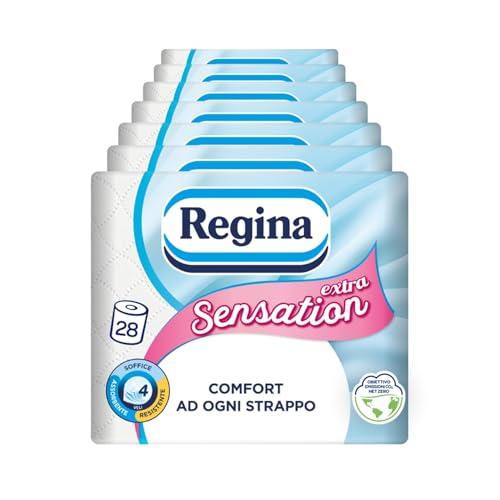 Regina Sensation Extra - 28 Rotoli di Carta Igienica, 170 Soffici Fogli a 4 Veli, Comfort ad Ogni Strappo, Confezione con il 60% di Plastica Riciclata, Carta 100% Certificata FSC