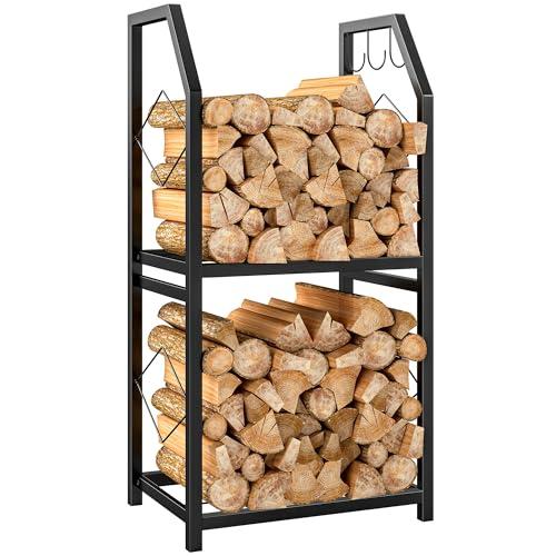 Outsunny Porta Legna per Interni in Metallo, Portalegna da Interno a 2 Livelli con 3 Ganci Laterali, Porta Legna Rialzato, Portata Massima 100kg, 41x30x81 cm, Nero