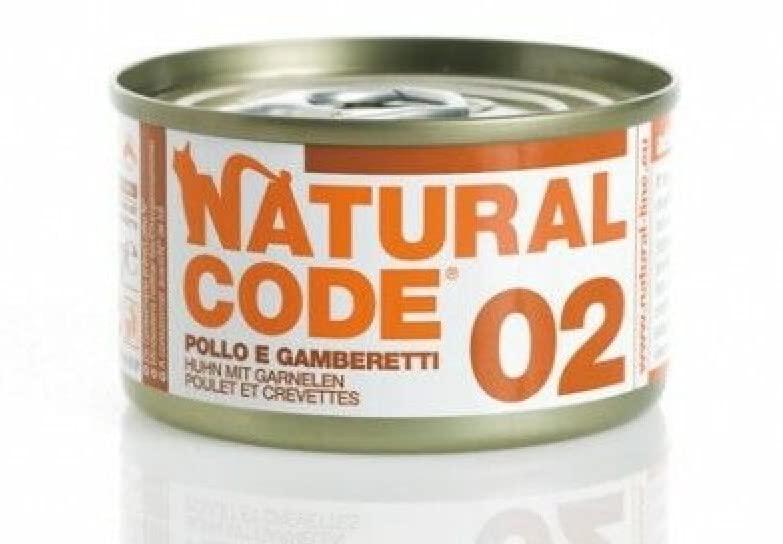 Natural Code Adult Gatto Cibo Umido Pollo con Gamberetti. 12 LATTINE da 85g CADAUNO