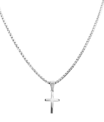 Collana Con Croce Ciondolo In Acciaio Inossidabile Catena a Maglie Quadrata Resistente e Anti-scolorimento, Idea Originale per Regalo Natale,Fatto a Mano, Gioielli Uomo Ragazzo Croce 60 cm