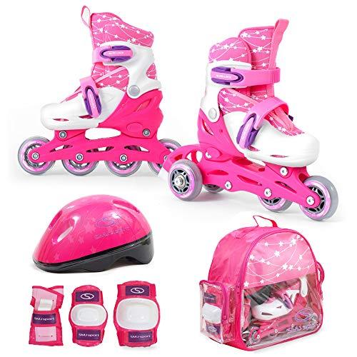 SMJ - Set 2 in 1 per bambine e ragazze, pattini in linea regolabili, set di protezioni + casco + custodia, Colore: rosa., 30-33