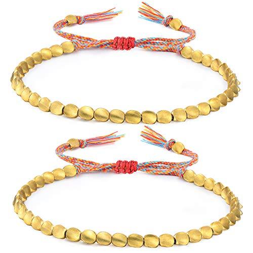 2 braccialetti tibetani in rame intrecciati fatti a mano, braccialetti regolabili con perline colorate (stile perline trilaterali), 16-26 cm / 6.3-10.2 inches, perline di rame e filo