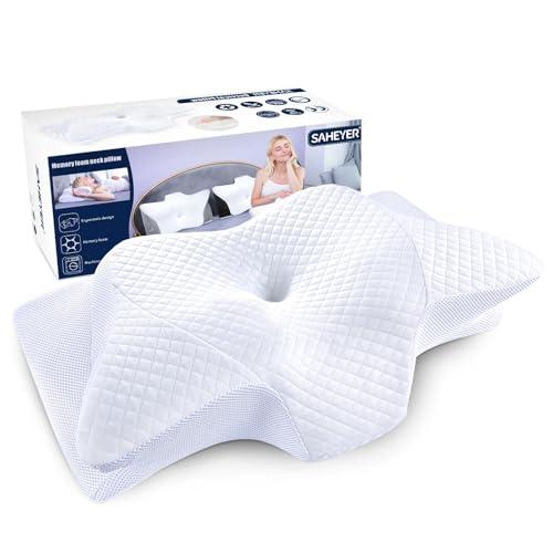 SAHEYER Cuscino cervicale ergonomico, cuscini laterali in schiuma di memoria per il sonno Cuscino ortopedico ergonomico di supporto al collo per migliorare, 60x35,5x13/10CM, Bianco