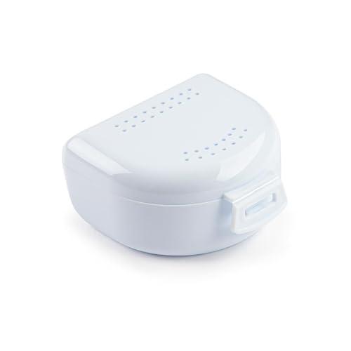 Scatola per Apparecchio Denti, Bite e Dentiere - Custodia Traspirante con Fori di Sfiato - Portatile, Resistente e Facile da Pulire - 75x60x25mm - Porta Bite Dentale in Plastica - Bianco.