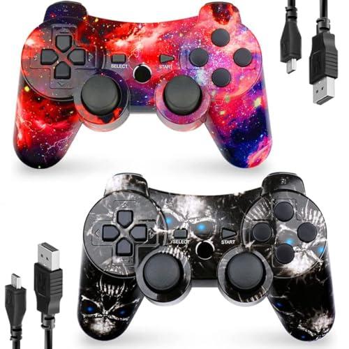 CHENGDAO Controller wireless per PS3, gamepad Double Shock ad alte prestazioni per Playstation 3 con cavo di ricarica (2 Pack, Galaxy+Skull)