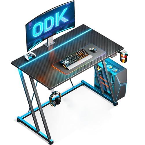 ODK Scrivania Gaming con LED, 80 × 50 cm Tavolo Gaming con Portabicchieri e Gancio per Cuffie, Scrivania Computer con Design a Doppia Z Fibra di Carbonio Nera