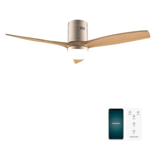 Cecotec Ventilatore da Soffitto con Luce EnergySilence Aero 5600 Aqua GoldLightWood Connected. 40 W, LED 18 W, Diametro 132 cm, Wi-Fi, Telecomando, Protezione IP44, Timer 8 Ore, 3 Pale, 6 Velocità
