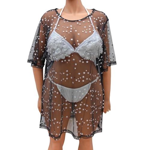 Bonprix - Abito da spiaggia da donna, sexy, in rete trasparente con stelle bronzate, con copertura a coste, da donna, Nero , Taglia unica