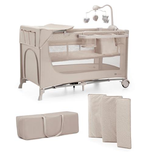 Kinderkraft JOY 2 ACC, Lettino da Viaggio 3 in 1, lettini per Neonati, lettino per Bambini, lettino da Viaggio, design moderno, Dimensioni ridotte e Pieghevole, Accessori Pratici, ruote, Beige