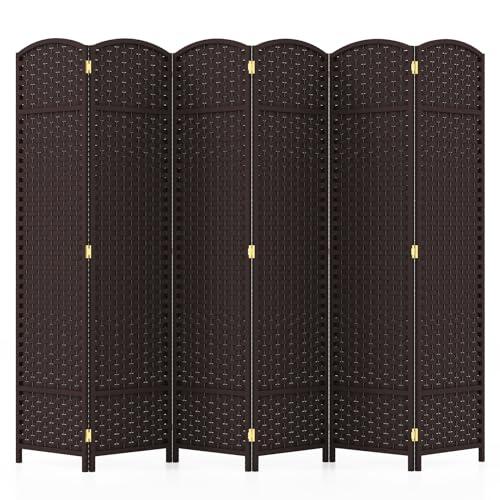 COSTWAY Paravento Pieghevole a 6 Pannelli, Pannelli Divisori da Interno con Texture Intrecciata a Mano e Telaio in Legno, Separé Divisorio a Parete Autoportante per Casa, Ufficio e Negozio (Marrone)