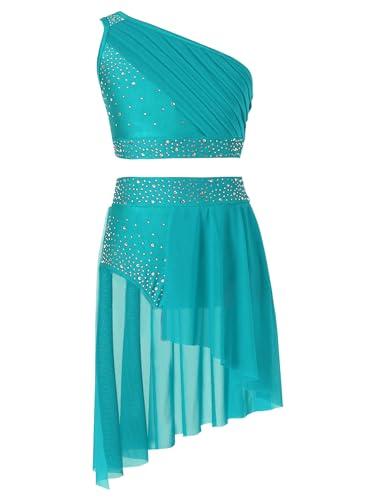 HULIJA Bambina Vestito da Ballo Latino Americano con Strass Senza Manica Crop Top Abito da Pattinaggio Leotards da Ginnastica Blu Verde 7-8 Anni