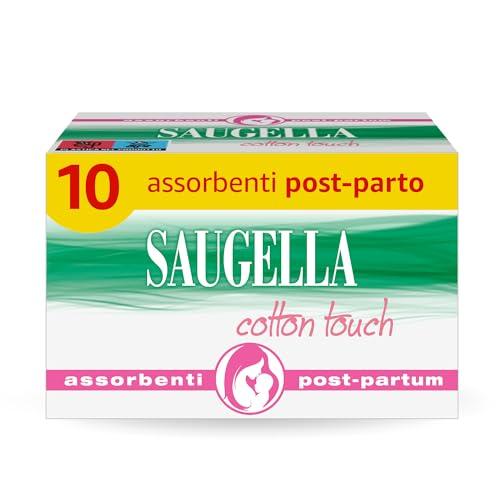 Saugella Cotton Touch Post Parto, 10 Assorbenti Cotone Post Parto, Senza Strato Adesivo, Azione Antibatterica, Lenitiva