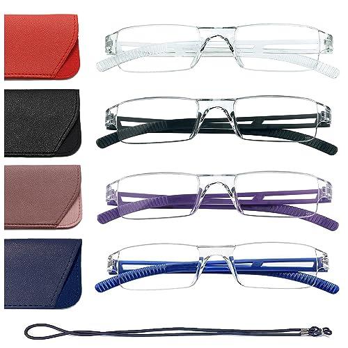Hubeye 4 Paia Occhiali da lettura Ultraleggeri Montatura Trasparente Anti luce blu con Custodia in Pelle per Uomo e Donna 2.50