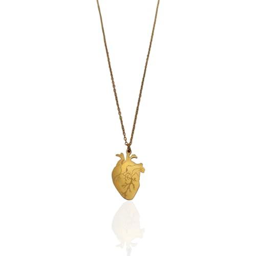 Collana in Acciaio con Ciondolo Cuore Anatomico Personalizzabile: Porta il Tuo Messaggio nel Tuo Cuore - Collana con cuore anatomico da incidere (Piccolo, Oro)