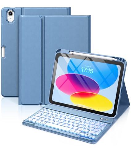 Vobafe Cover iPad 10 Generazione con Tastiera 10.9 Pollici 2022, Italiano QWERTY con 7 Colori Illuminato, Senza Fili Staccabile Folio Custodia Tastiera con Portapenna per iPad 10a Gen, Blu