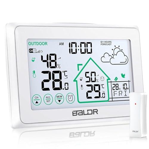 BALDR Stazione Meteo LCD Radio con Sensore Esterno, Stazione Metereologica con Previsioni Meteo, Temperatura e Umidità, Livello di Comfort, 4 Livelli di Retroilluminazione