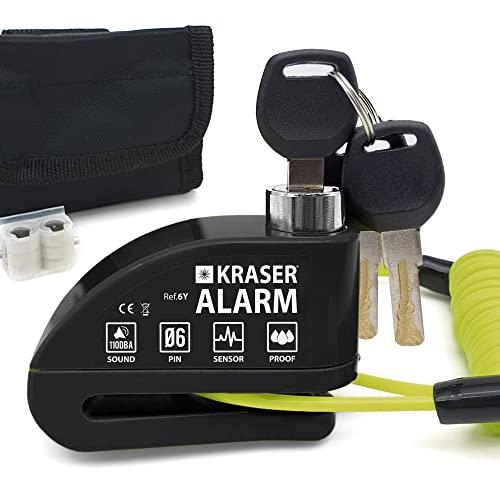 KRASER 6Y Blocca Disco per Moto con Allarme 110dB, Antifurto Rinforzato, 3 (altre 2) Chiavi Sicurezza, Impermeabile, Cavo Reminder 1.5m Borsa, Lucchetto Moto Bloccadisco Sonoro Scooter Bici
