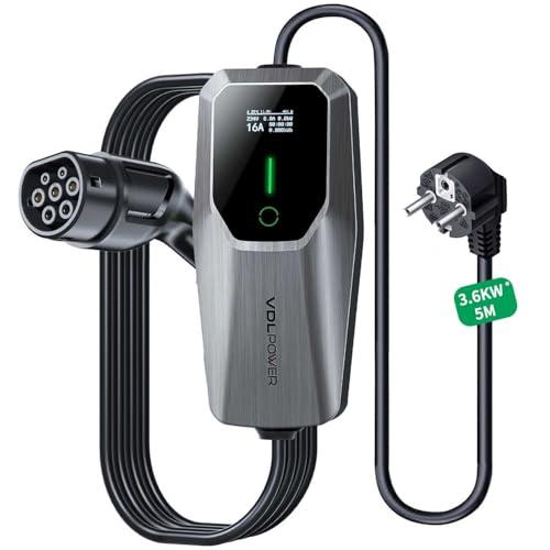 VDLPOWEREU Cavo Ricarica Auto Elettrica, 3,6 KW EV Caricatore Tipo 2, 5m Caricabatterie Elettrico per Auto, 6-16 A con Spina EU Schuko, terminale di Ricarica monofase IP65 (IEC 62196-2)