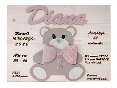 Quadretto Nascita in Legno Personalizzato, dimensioni 25x20cm, con Orsetto e Fiocco Rosa e Azzurro per Bimbo e Bimba, Idea Regalo Battesimo, Elefatti a Mano