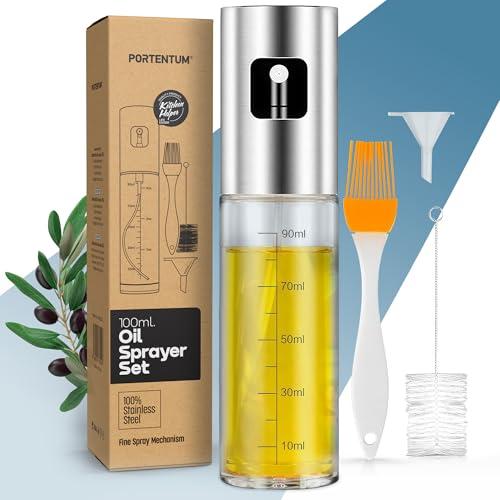 PORTENTUM Oil Spray Bottle 100ml Stainless Steel Olive Oil Dispenser, Leakproof Oil Bottle with Accessories – Oil Sprayer for Cooking, BBQ, Salad and Air Fryer
