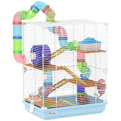 PawHut Gabbia per Criceti a 5 Livelli con Tubi, Ruota, Scale, Casetta e Bottiglia, Gabbietta per Roditori in Metallo, PP e PS, 46x30x58 cm, Blu
