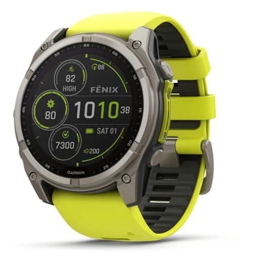 Garmin FENIX 8-51 MM, SOLARE, ZAFFIRO TITANIO CON FASCIA IN SILICONE AMPYELLOW/GRAFITE