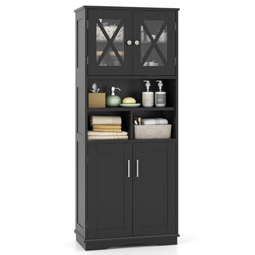 COSTWAY Mobile Bagno, Armadietto Salvaspazio con Porte in Acrilico, Ripiani Regolabili e Ampio Scomparto, Armadio da Terra in Legno per Soggiorno, Camera da Letto, Salotto e Cucina (Nero)