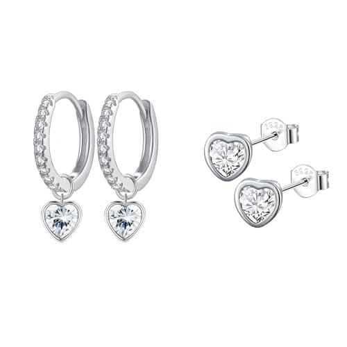 Epoch World 2 Paia Orecchini Argento 925 per Donna Ragazze Orecchini Cuore in Argento Sterling 925 da Donna Piccoli Orecchini a Cerchio Pendenti con Zirconia Cubica Orecchino
