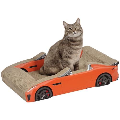 PawHut Tiragraffi per Gatti a Forma di Auto con Erba Gatta, Graffiatoio per Gatti in Cartone Ondulato, 50x30x12.5 cm, Rosso