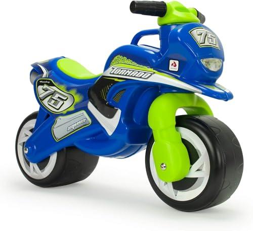 INJUSA - Moto Primi Passi Tundra Tornado, per Bambini da 18 Mesi a 3 Anni, Decorazione Permanente, Ruote Larghe in Plastica e Maniglia per il Trasporto, Colore Blu e Verde