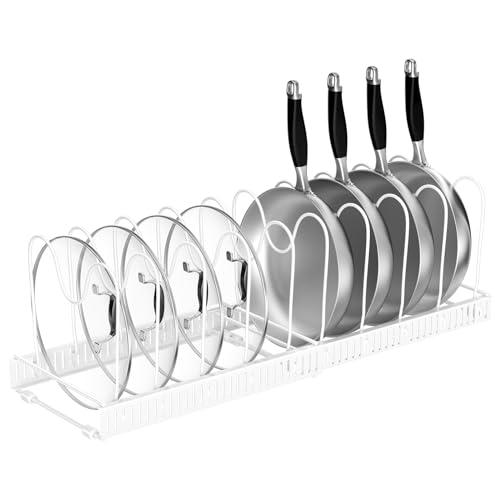 Fousenuk Porta Coperchi Pentole, Organizer Padelle con 10 Scomparti Regolabili, Porta Padelle, Portacoperchi Allungabile, Supporto per Coperchio in Metallo, Contenitore da Cucina (Bianco)