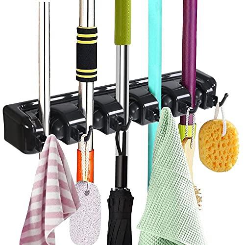 Vicloon Porta scopa da parete, supporto a parete per scopa multifunzione, 5 scomparti e 6 ganci per la tua cucina, garage, lavanderia per cucina, bagno, garage e giardino(nero)