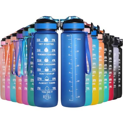 GeeRic Bottiglia Acqua 1 Litro, 1000ML Borraccia Sportiva Portatile Bottiglia Sportiva Scala/Cannuccia/Indicatore di Tempo Prova di Perdite Borraccia Bici 1L per Palestra,Scuola,Sport,Ciclismo Blu