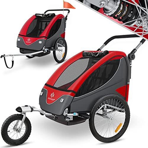 KESSER® Rimorchio per Bambini, ruotabile a 360°, con Sospensioni, 2in1 - Funzione Jogger/Rimorchio, Cintura a 5 punti, per 1 o 2 Bambini/max. 40kg, Rosso
