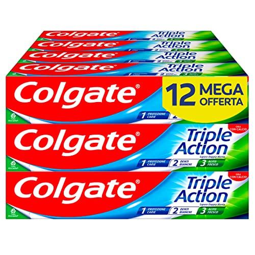 Colgate - Dentifricio Triple Action 12x75ml (Consegna in 48 Ore), Dentifricio Protezione contro la Carie, Denti Bianchi, Alito Fresco, Protezione Smalto, Formula Sbiancante e Rinfrescante