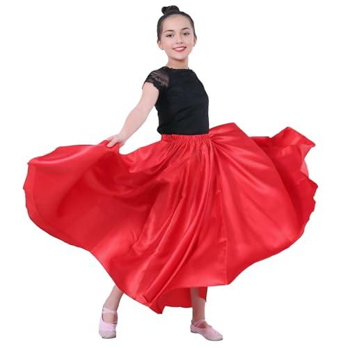 Baisdan Gonna per Danza del Ventre per Ragazze, Gonna Lunga in Raso Cerchio Completo per Danza del Ventre, Costume da Ballo Flamenco,Rosso 8-12 Anni