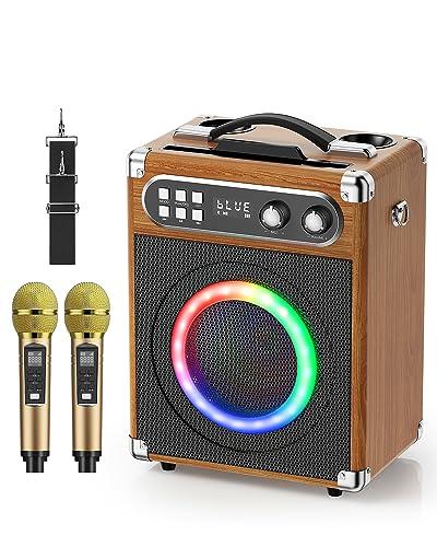 GJCrafts Karaoke, Tutto-in-Uno Karaoke Professionale Completo con Cassa Bluetooth da 20W, 2 Microfoni Karaoke Wireless e Slot per Microfono Ricaricabile, Cassa Portatile per Gita Feste (Wood)