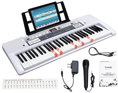 Funtaki Pianoforte digitale portatile a 61 tasti, pianoforte elettronico con tasti illuminati e supporto musicale, mini tastiera per bambini e adulti, tastiera digitale Bianco
