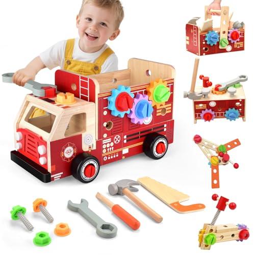 Cassetta Attrezzi in Legno, 2 in 1 Camion dei Pompieri con Cassetta Attrezzi Bambini, Attrezzi da Lavoro Giocattolo Bambini,Gioco d’Imitazione, Giocattoli Montessori Ragazzo Ragazza 2 3 4 Anni