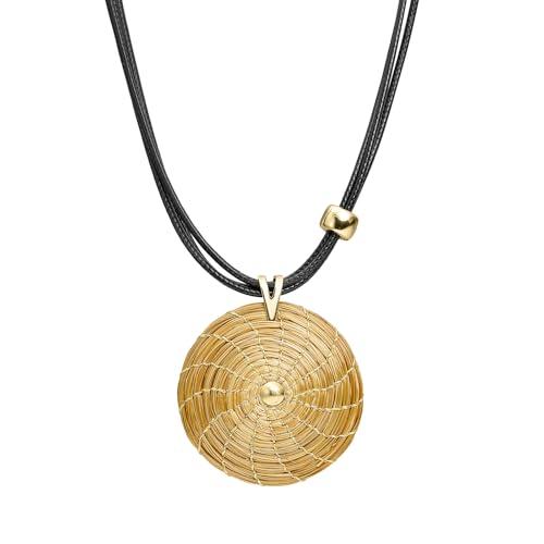 VERA NAVARRO - Collana Pendente Mandala Aperto Dorato in Oro Vegetale Ø 30 mm - Catena a Triplo Filo Cerato 42 cm con Prolunga - 100% Naturale Fatto a Mano