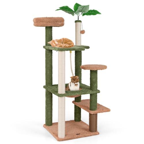 COSTWAY Albero per Gatti 152 CM, Tiragraffi per Gatti in Sisal con Posatoio in Peluche, Giocattolo Appeso, Autopulizia, Pianta Finta e Piattaforme di Salto, Centro Attività per Gattini