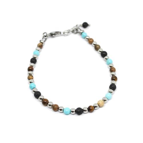 Bracciale uomo con perle da 4mm di pietra lavica occhio di tigre diaspro e turchese