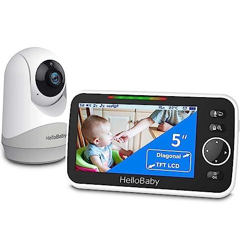 HelloBaby Monitor con fotocamera e audio, ampio schermo da 5'' con batteria da 3500 mAh, telecamera Pan-Tilt-Zoom remota, conversazione bidirezionale, modalità ECO, visione notturna automatica