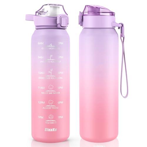 SLUXKE Borraccia Termica 1 Litro in Acciaio Inox, 1000ml Bottiglia Termica con Cannuccia & Coperchio del beccuccio Senza Perdite per Scuola, Campeggio, Yoga, Palestra (Viola Rosa)