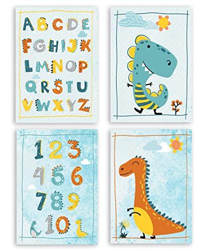 Stampe Cameretta Bambini 4 Poster Dinosauri Numeri Lettere Alfabeto