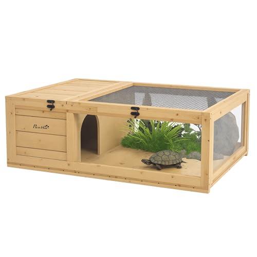 PawHut Casa per tartarughe in legno, terrario per rettili con tetto in rete, pannelli laterali trasparenti estraibili e chiavistello di sicurezza, capannone per tartarughe, 91 x 60,5 x 32 cm, naturale
