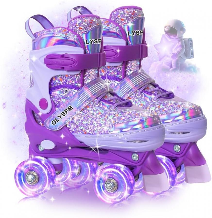OLYSPM Pattini a Rotelle Bambina,Tomaia fluorescente,Roller Bambina regolabili con 8 Illuminante Ruote e borsa per riporre gli oggetti per Ragazzi,Ragazze e Principianti(Viola)