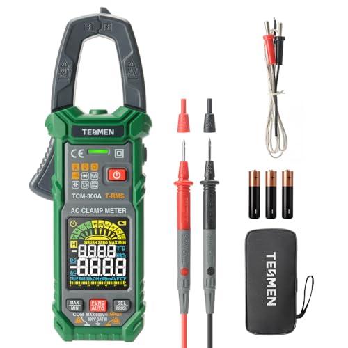 TESMEN TCM-300A Pinza Amperometrica con 6000 conteggi amperometro T-RMS multimetro a range automatico voltmetro con corrente AC tensione AC/DC NCV/filo attivo resistenza di inrush temperatura - Verde