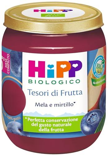 HiPP - Tesori di Frutta, Novità HiPP, Omogeneizzato Biologico di Frutta Neonato, Gusto Mela e Mirtillo, Indicato dal 5° Mese di Età, HiPP Frutta, Neonato, Qualità Bio HiPP, 6 vasetti da 160g